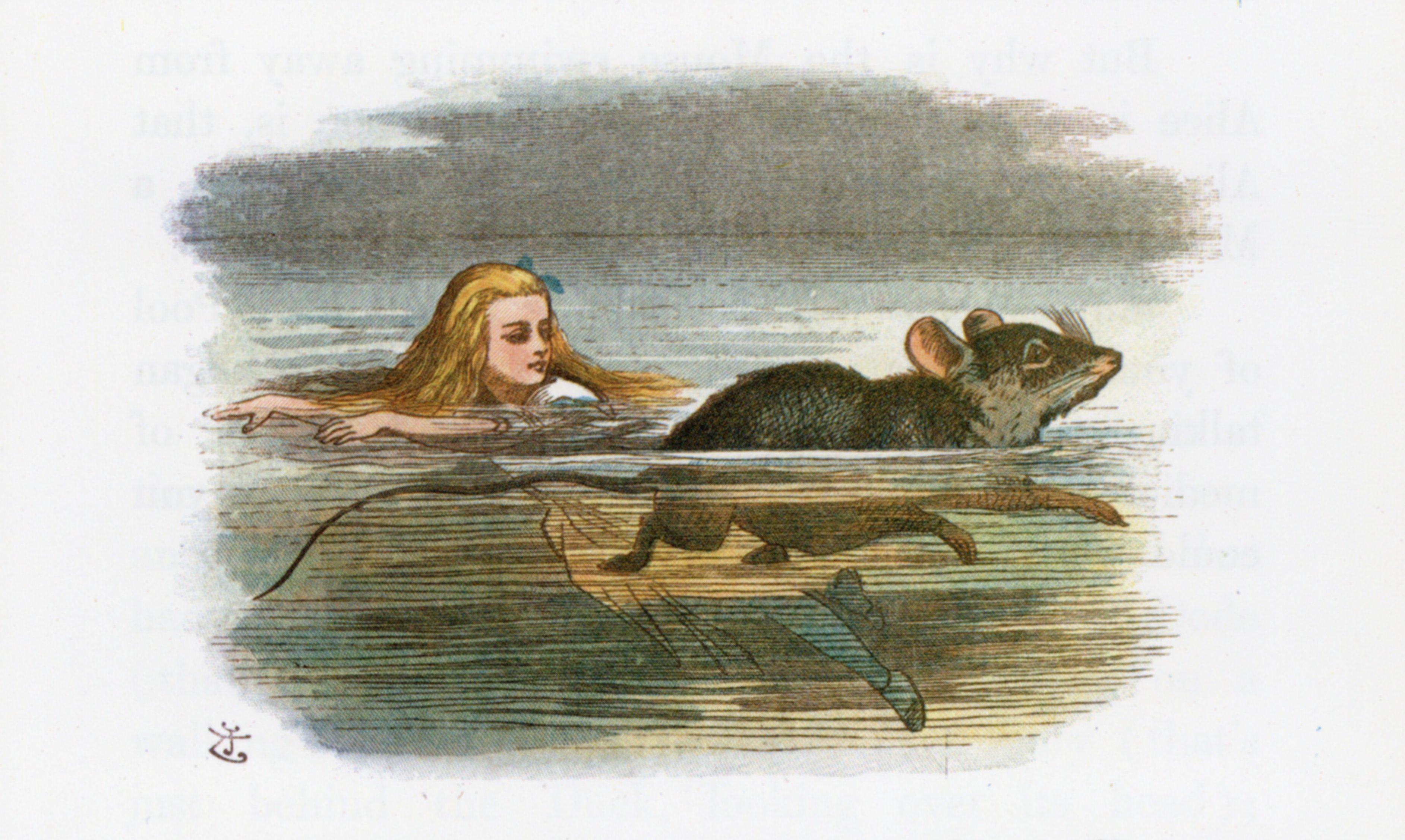 John Tenniel (colorized E.G. Thomson) — Alice & Mouse in Pool of Tears