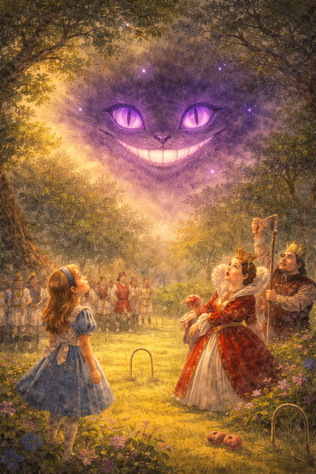GPT-4 (watercolor) — The Cheshire Cat's grin above the croquet ground