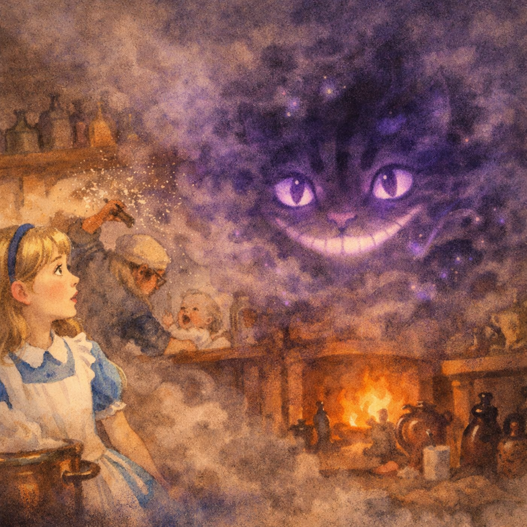 GPT-4 (watercolor) — The Cheshire Cat materializing in the Duchess's kitchen