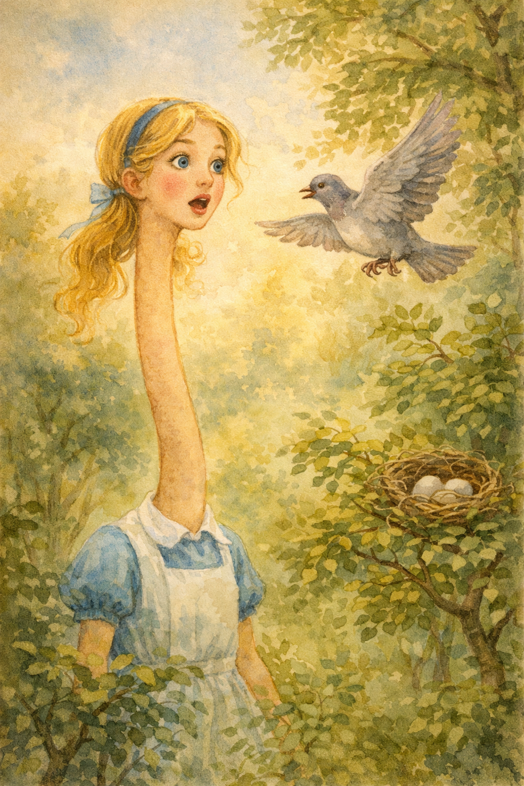 GPT-4 (watercolor) — The Pigeon accusing Alice of being a serpent