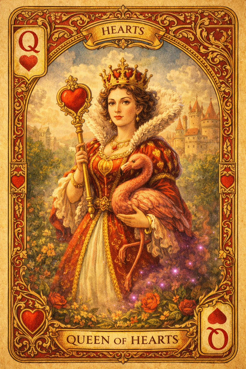 GPT-4 — Queen of Hearts playing card with flamingo