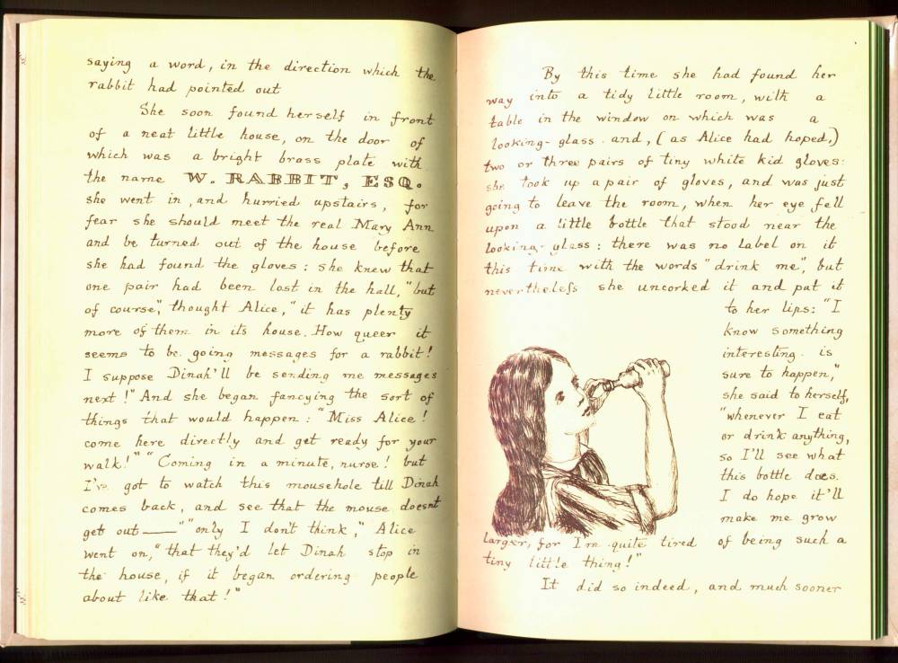 Lewis Carroll manuscript — Alice distributing comfits to the animals